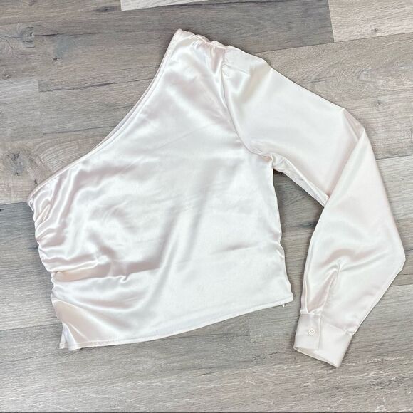 NA-KD Reborn Satin Shirred Side One Shoulder Crop Top Ivory XS 34 - Picture 9 of 16